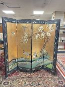 ORIENTAL FOUR-FOLD SCREEN BLACK LACQUERED WITH DECORATION, 152 X 40CMS