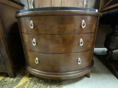 A THOMASVILLE - BOGART MODEL - BURR WOOD THREE DRAWER BOW FRONTED MARBLE TOP COMMODE CHEST
