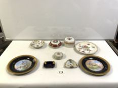 DRESDEN FLORAL PAINTED PLATE, PAIR LIMOGES PLATES, AND VARIOUS LIMOGES PORCELAIN BOXES AND ASHTRAY