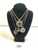 TWO MAUVE STONE SET PENDANTS ON CHAINS, STAMPED 925, SWIVEL FOB ON SILVER ROPE CHAIN, AND ABALONE