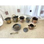 BRASS COAL SCUTTLE, BRASS PAN, COPPER JUG, COPPER PLANTER, PRESERVE PAN ETC