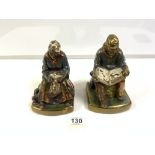 PAIR 'ARMOR' BRONZE FIGURES OF SEATED LADY AND GENTLEMAN, WITH ENAMEL DECORATION A/F, 19CM