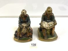 PAIR 'ARMOR' BRONZE FIGURES OF SEATED LADY AND GENTLEMAN, WITH ENAMEL DECORATION A/F, 19CM