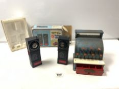 MOVIN ON VINTAGE ORIGINAL CB STYLE, WALKIE TALKIE SET IN ORIGINAL BOX AND A TOY CASH REGISTER BY