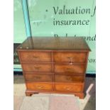 REPRODUCTION BURR WALNUT AND MAHOGANY EIGHT DRAWER CD CHEST OF DRAWERS, 102 X 54 X 94CMS