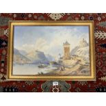 FRAMED 19TH CENTURY WATERCOLOUR - FISHING BOATS AND FIGURES CONTINENTAL LAKE/FORTRESS MOUNTIAN