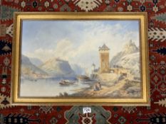 FRAMED 19TH CENTURY WATERCOLOUR - FISHING BOATS AND FIGURES CONTINENTAL LAKE/FORTRESS MOUNTIAN