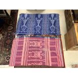 TWO SCANDINAVIAN WALLHANGINGS/THROWS ONE BLUE, 200 X 170CMS, AND ONE PINK, 190 X 170CMS