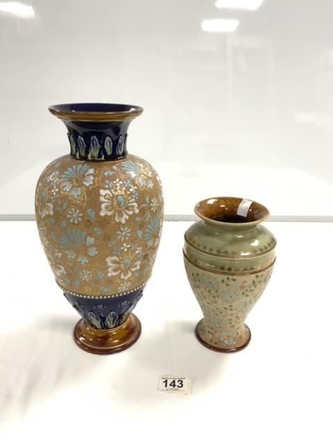 TALL DOULTON LAMBETH BLUE AND GOLD VASE, 35CMS, AND ANOTHER ROYAL DOULTON VASE GREEN AND CREAM