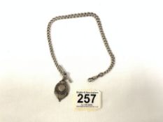 HALLMARKED SILVER ALBERT CHAIN AND T-BAR WITH FOB, 39.5GRAMS