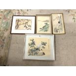 FOUR EARLY 20TH CENTURY JAPANESE WATERCOLOURS OF BIRDS AND BLOSSOM, LAKE SCENE, BAMBOO, THE