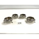 SET FOUR VICTORIAN HALLMARKED SILVER EMBOSSED CIRCULAR SALTS ON CLAW FEET, LONDON 1874 MAKER