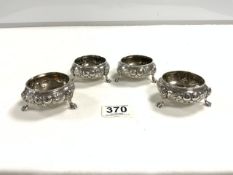 SET FOUR VICTORIAN HALLMARKED SILVER EMBOSSED CIRCULAR SALTS ON CLAW FEET, LONDON 1874 MAKER
