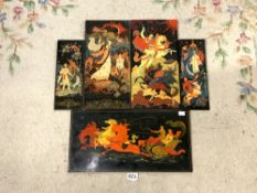 FIVE RUSSIAN PAPIER MACHE HAND PAINTED LACQUERED PANELS - DEPICTING FIGURES ON HORSE DRAWN SLEIGH,