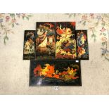 FIVE RUSSIAN PAPIER MACHE HAND PAINTED LACQUERED PANELS - DEPICTING FIGURES ON HORSE DRAWN SLEIGH,