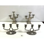 A PAIR OF 1930'S ART DECO SILVER-PLATED CANDLEABRA, 34CMS, AND A PAIR OF PEWTER THREE BRANCH