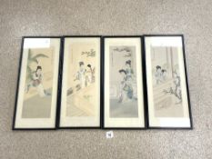 SET OF FOUR JAPANESE FRAMED SILK PICTURES OF GEISHA, 24.5 X 60CMS