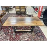 OAK FOUR PLANK REFECTORY DINING TABLE ON BULBOUS END SUPPORTS 152X74CMS