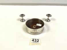 HALLMARKED SILVER COASTER-BIRMINGHAM 1988 W I BROADWAY AND CO AND A MINATURE PAIR OF WHITE METAL
