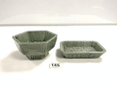 RORSTRAND - SWEDEN VINTAGE GUNNER NYLAND GREEN GLAZED FOOTED BOWL, 15.5 X 8.5CMS AND A RECTANGULAR