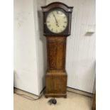 EARLY GRANDFATHER CLOCK WITH MAHOGANY CASE AND ENAMEL DIAL (WALKER HUGHES) MISSING PENDULUM A/F