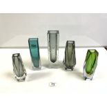 THREE MURANO HAND-CUT GLASS VASES, THE TALLEST 20CMS, MURANO BLOCK GLASS VASE, AND A CRYSTAL