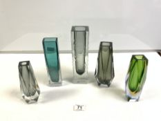 THREE MURANO HAND-CUT GLASS VASES, THE TALLEST 20CMS, MURANO BLOCK GLASS VASE, AND A CRYSTAL