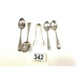 SMALL PAIR OF HALLMARKED SILVER SUGAR TRAYS, FOUR SILVER HALLMARKED TEA SPOONS (1 RAT TAIL), 64