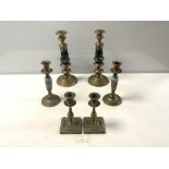 PAIR VICTORIAN BRASS AND BLUE PAINTED GLASS CANDLESTICKS, 26CMS, AND TWO OTHER PAIRS OF BRASS