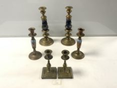 PAIR VICTORIAN BRASS AND BLUE PAINTED GLASS CANDLESTICKS, 26CMS, AND TWO OTHER PAIRS OF BRASS