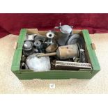 QUANTITY OF ANTIQUE PEWTER INCLUDES - PLATES, FLAGONS, CANDLESTICKS, COPPER FUNNELL, COPPER SPIT