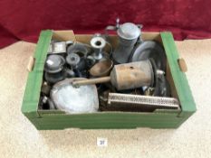 QUANTITY OF ANTIQUE PEWTER INCLUDES - PLATES, FLAGONS, CANDLESTICKS, COPPER FUNNELL, COPPER SPIT