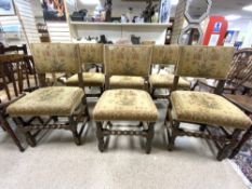 SET OF SIX VINTAGE OAK AND DECORATIVE MATERIAL DINING CHAIRS