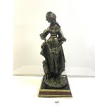 LARGE FEMALE FIGURINE WITH A SHEEP IN RESIN BRONZED ON AN ORNATE BASE, 60CM