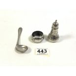 VICTORIAN HALLMARKED SILVER EMBOSSED PEPPER 1891 35 GRAMS WITH A HALLMARKED SILVER NAPKIN RING AND A