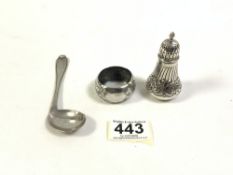VICTORIAN HALLMARKED SILVER EMBOSSED PEPPER 1891 35 GRAMS WITH A HALLMARKED SILVER NAPKIN RING AND A