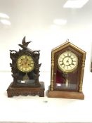 19TH CENTURY GERMAN CARVED BLACK FOREST MANTLE CLOCK WITH BIRD SURMOUNT, 44CMS AND AMERICAN GOLD