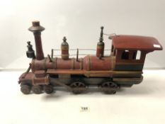 WOODEN MODEL OF A STEAM TRAIN, PAINTED RED AND GOLD