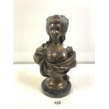 BRONZE BUST OF MARIE ANTOINETTE SIGNED LECOMTE ON BLACK MARBLE BASE, 36CMS