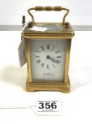 BRASS CARRIAGE CLOCK, WITH ENAMEL DIAL - ELKAN PENTONVILLE ROAD, FRENCH MOVEMENT WITH KEY