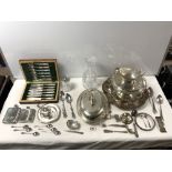 SET OF FISH KNIVES AND FORKS IN A BOX, PLATED COMPORT, GLASS DECANTER, DANISH CUTLERY ETC