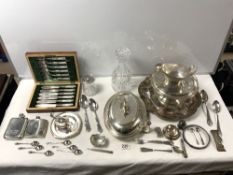 SET OF FISH KNIVES AND FORKS IN A BOX, PLATED COMPORT, GLASS DECANTER, DANISH CUTLERY ETC