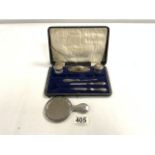 HALLMARKED SILVER MOUNTED PART MANICURE SET AND HALLMARKED SILVER ENGINE TURNED CHILDS HAND MIRROR