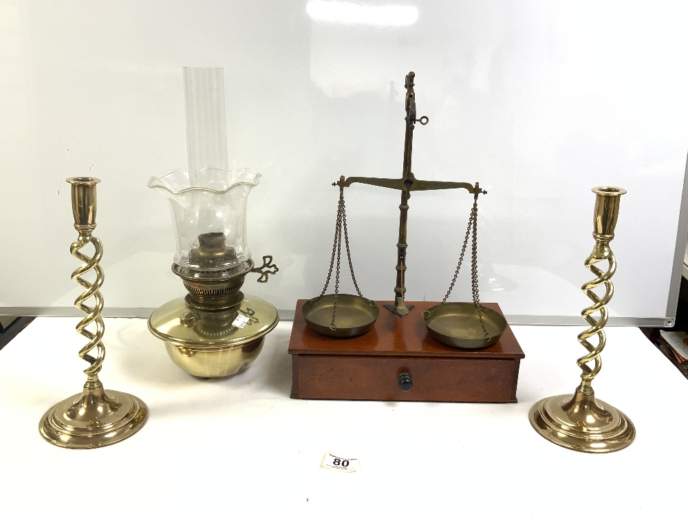 SET OF VICTORIAN MAHOGANY AND BRASS CHEMISTS SCALES, PAIR VICTORIAN BARLEY TWIST OPEN