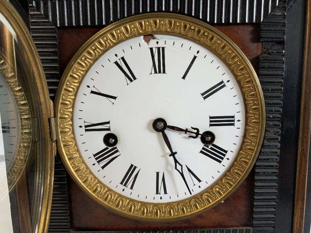 A 19TH-CENTURY WALNUT AND EBONISED MANTLE CLOCK, ENAMEL DIAL (A/F), MOVEMENT MADE BY S.THOMAS, - Image 2 of 5