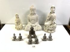 TWO BLANC DE CHIN FIGURES OF KWAN YIN, THE TALLEST 38CMS, A PLASTER FIGURE OF A BUDDHA, AND SEVEN