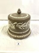 LARGE ANTIQUE BROWN JASPER WARE, FERN PATTERN CHEESE DOME WITH MATCHING BASE (A/F), 24 X 26CMS