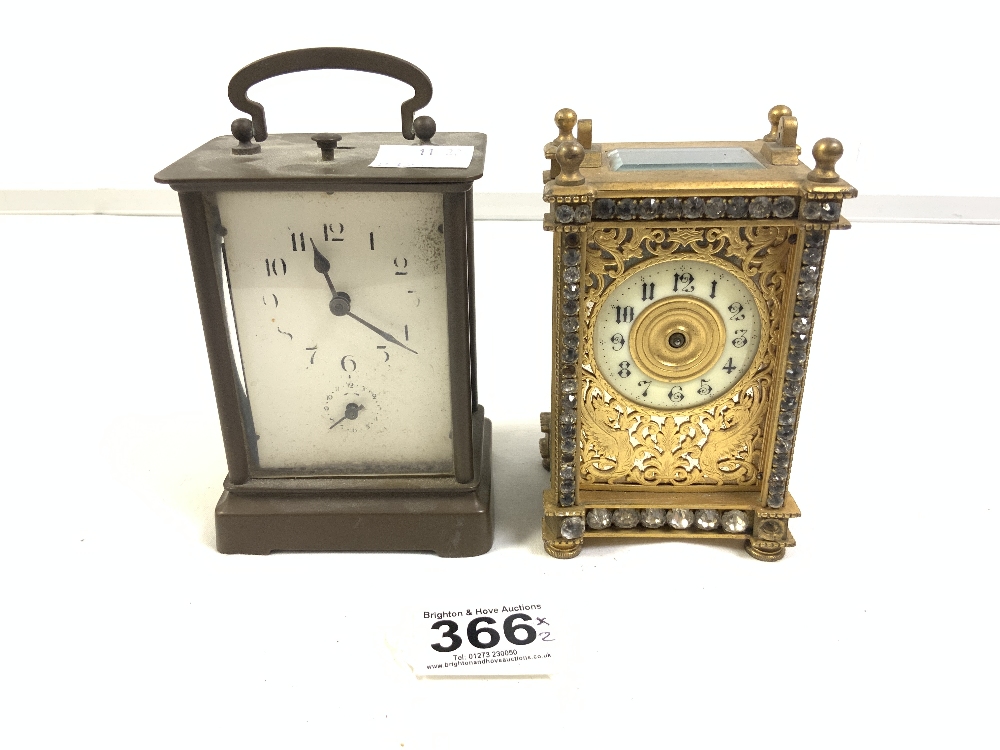 TWO VINTAGE BRASS CARRIAGE CLOCKS, BOTH A/F, THE LARGEST 14CMS