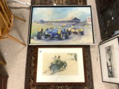 1960S OIL ON CANVAS OF RACING CARS 91 C 60CMS, AND A PRINT OF A FIGURE ON A MOTORBIKE 1950S