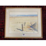 MODERN WATERCOLOUR OF A BEACH SCENE, INDISTINCTLY SIGNED AND DATED 87, 41 X 31CMS